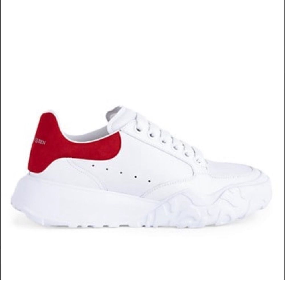 White Leather Sneakers With Red Heel Accent - Women's